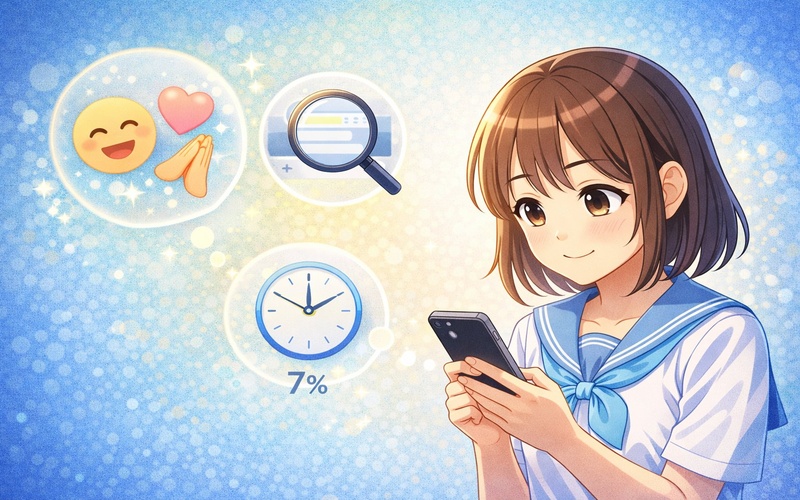 LINEで絵文字やスタンプを使って上手にコミュニケーションしている中学生のイラスト