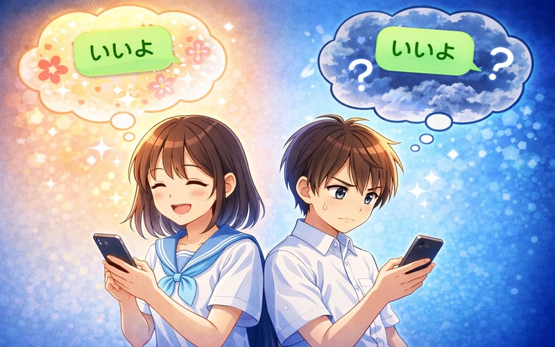 同じメッセージを見ているのに受け取り方が全く違う2人の中学生のイラスト