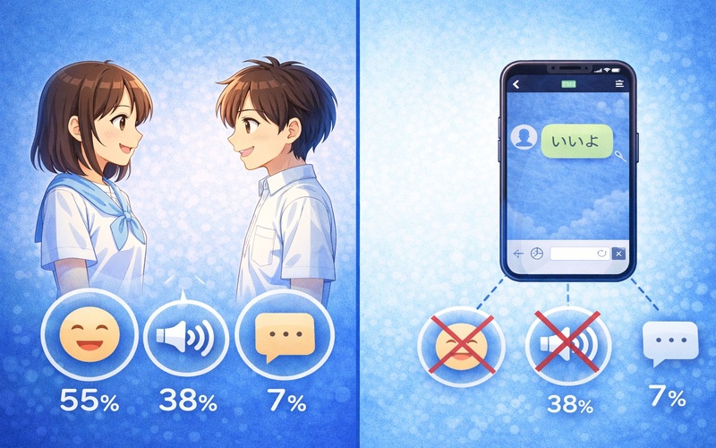 対面コミュニケーションでは言葉以外の情報が大部分を占めることを示すイラスト