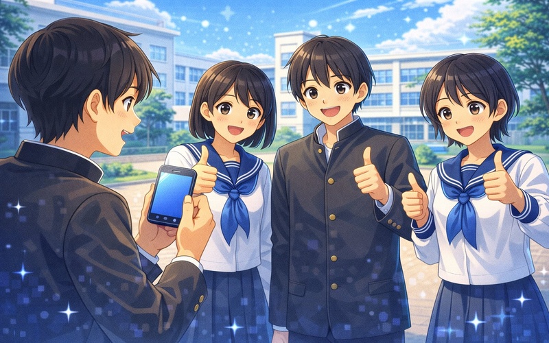 写真を撮る前に友達に許可を求めている中学生のイラスト