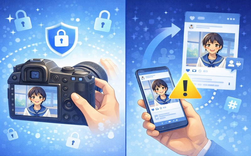 肖像権の概念を説明するイラスト：撮影・公開の前に許可が必要