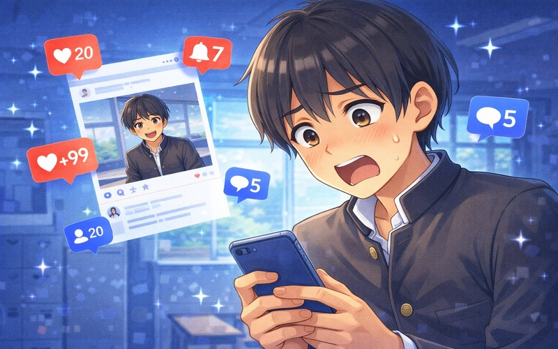 友達に撮られた写真がSNSにアップされているのを見て驚く中学生のイラスト