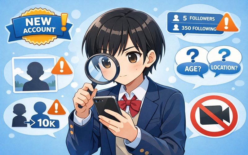 なりすましアカウントを見分けるためのチェックポイントを示すイラスト