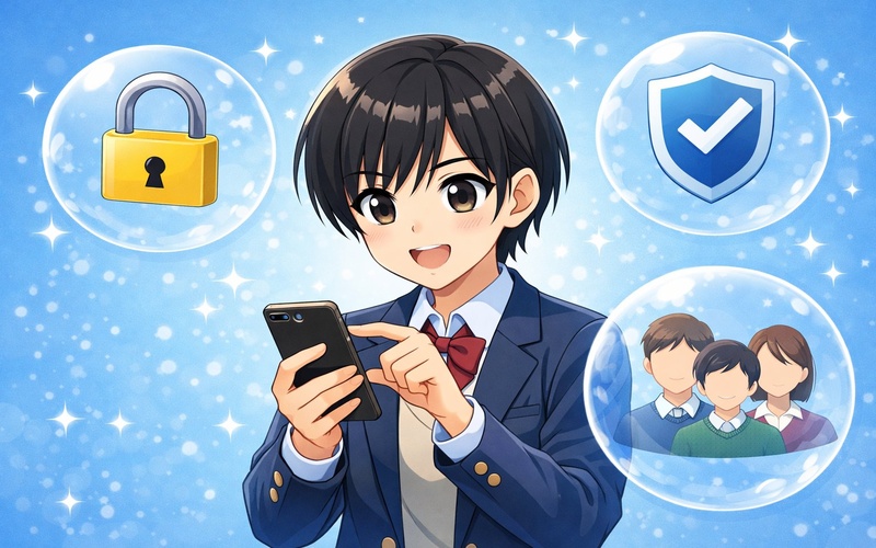 安全なSNS利用のための習慣を守る中学生のイラスト