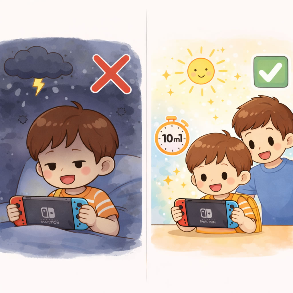 夜遅くゲームする悪い例と時間を決めて遊ぶ良い例の比較イラスト