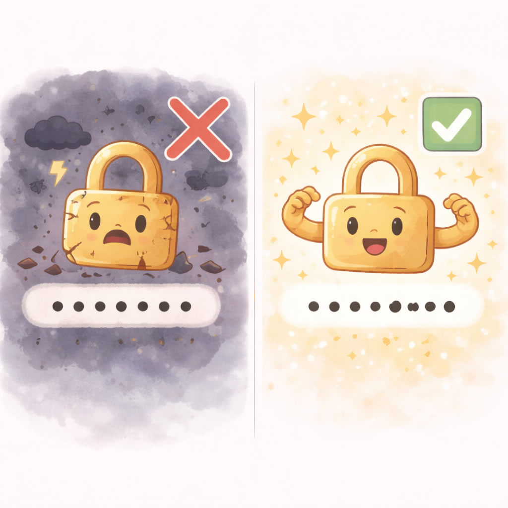 弱いパスワードと強いパスワードの比較イラスト