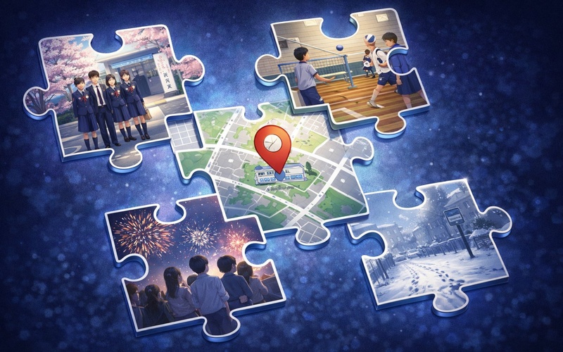 複数の投稿の情報がパズルのように組み合わさって個人が特定される様子のイラスト