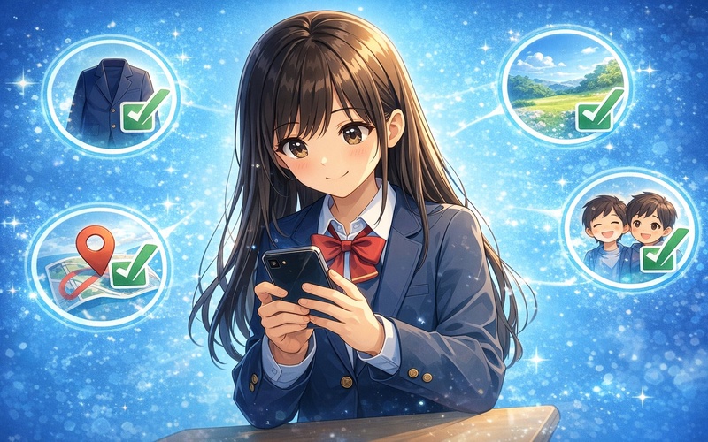 投稿前にスマホの写真をチェックしている中学生のイラスト