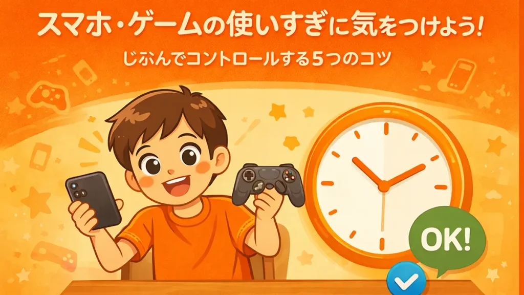 スマホやゲームをじょうずに使う小学生のイラスト。時計と一緒に楽しくルールを守っている様子