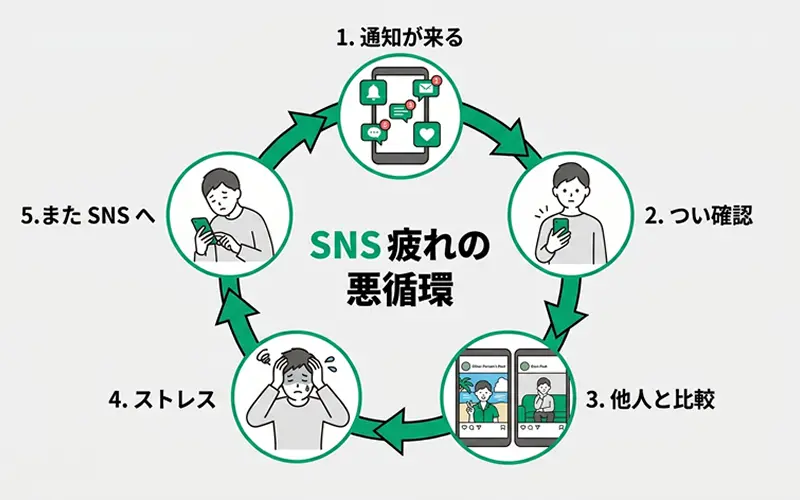 SNS疲れの悪循環：通知→確認→比較→ストレス→またSNSで気晴らし、のサイクル図