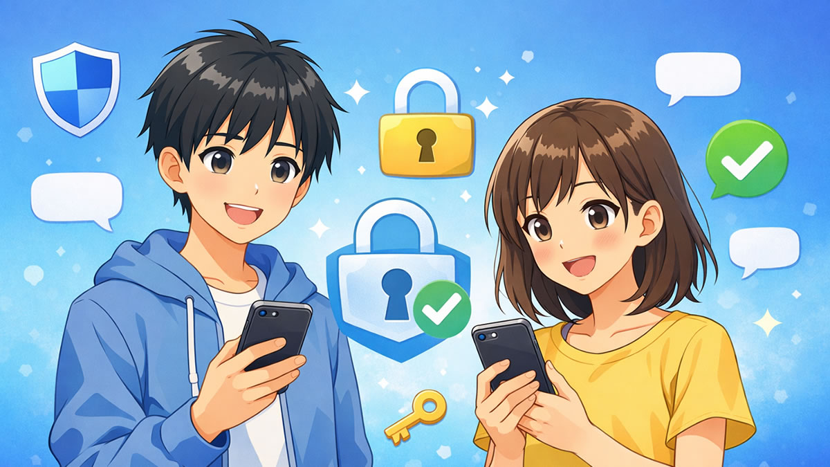 スマートフォンのプライバシー設定を確認する中学生のイラスト