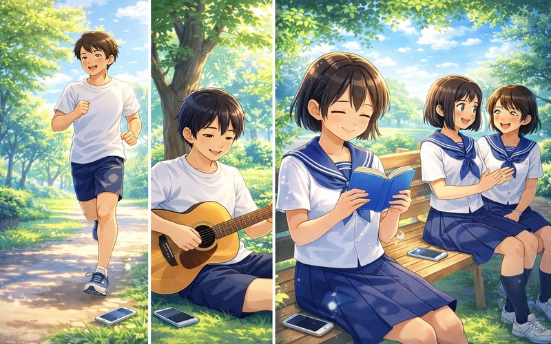 SNS以外のストレス発散方法を楽しむ中学生のイラスト