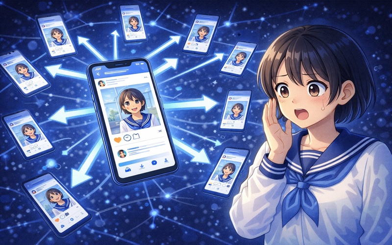 裏アカの投稿がスクリーンショットで拡散されていく様子のイラスト