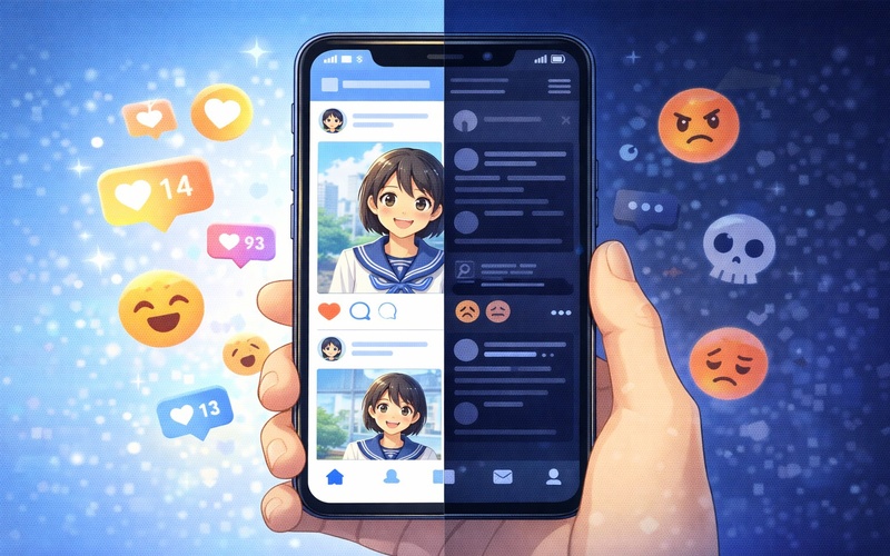 表向きの明るいSNSアカウントと、暗い裏アカウントの対比を表すイラスト