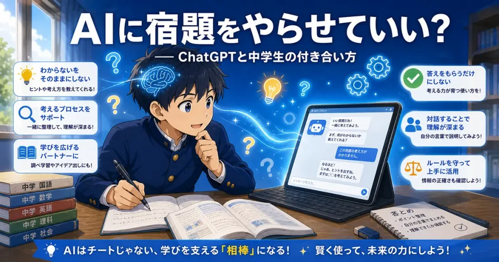 中学生がChatGPTを使いながら宿題をするイラスト