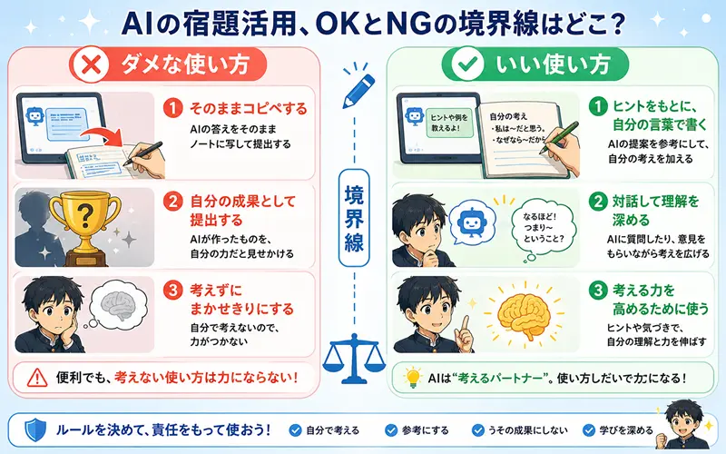 AIに宿題をやらせる「ダメな使い方」と「良い使い方」を分ける線のイラスト