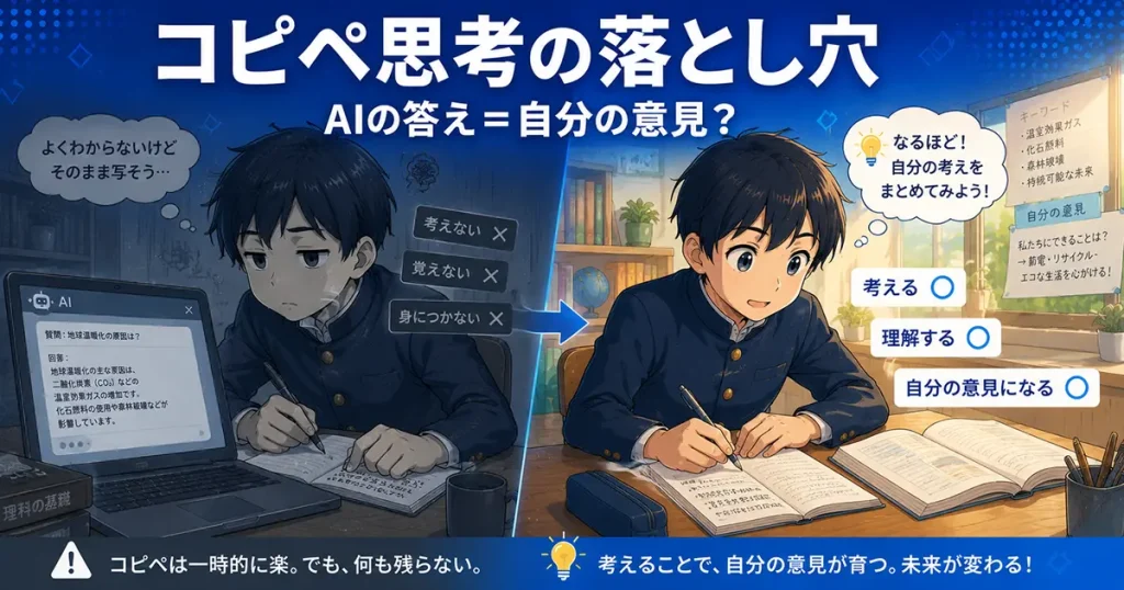 AIの回答をそのまま写す中学生と、自分の言葉で考えている中学生の対比イラスト