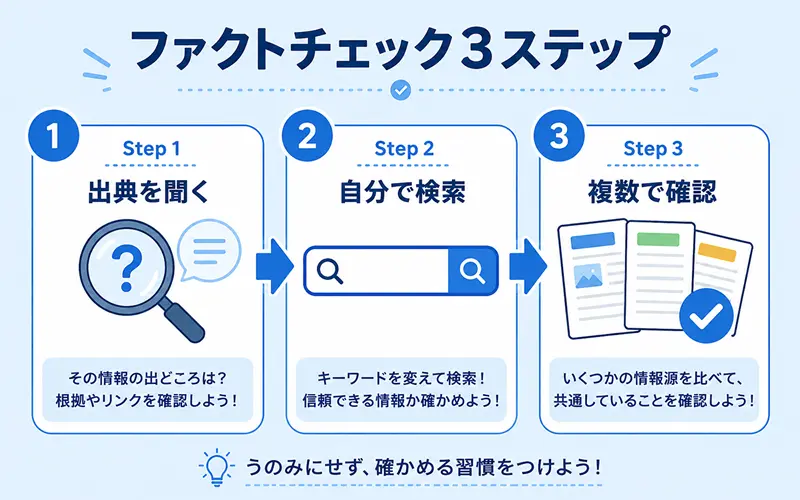 ファクトチェック3ステップの図解：Step1 出典を聞く → Step2 自分で検索 → Step3 複数で確認