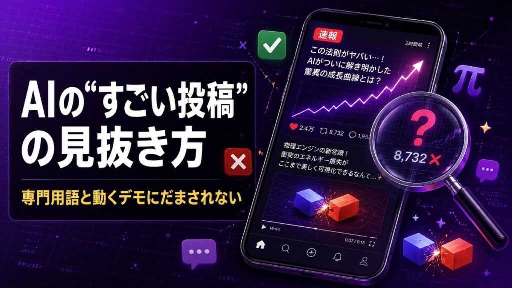 AIの“すごい投稿”を見抜くための注意点を示すイメージ