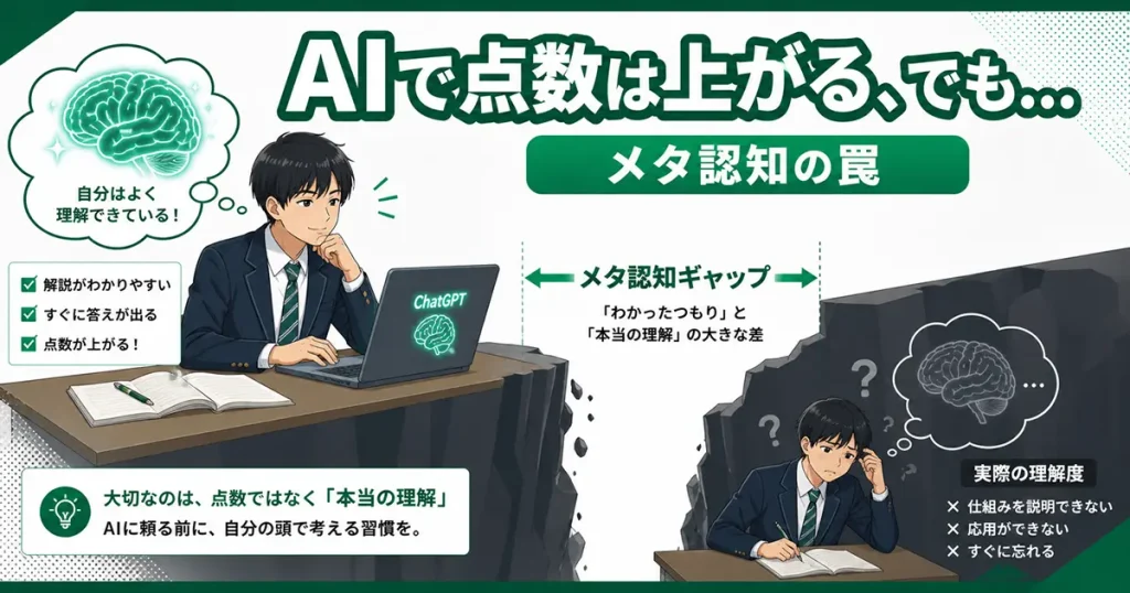 AIに頼ると賢くなったように感じるが、本当の実力との差が広がっていくことを示す概念図