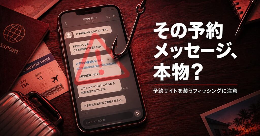 机に置いたスマホに届いた予約サポートを装う不審なチャットに、釣り針と赤い警告マークが重なる様子