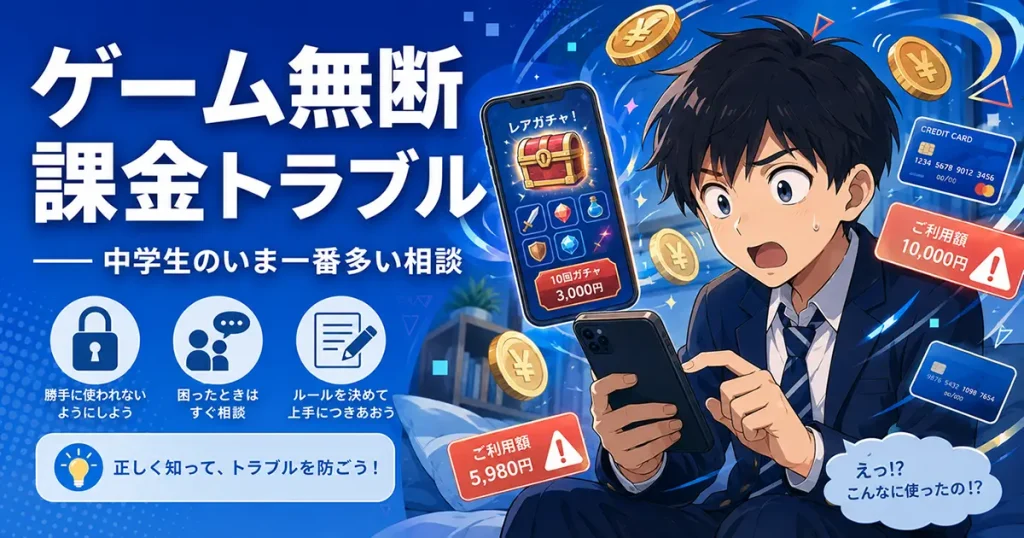 スマホゲームの課金画面を見て驚く中学生のイラスト