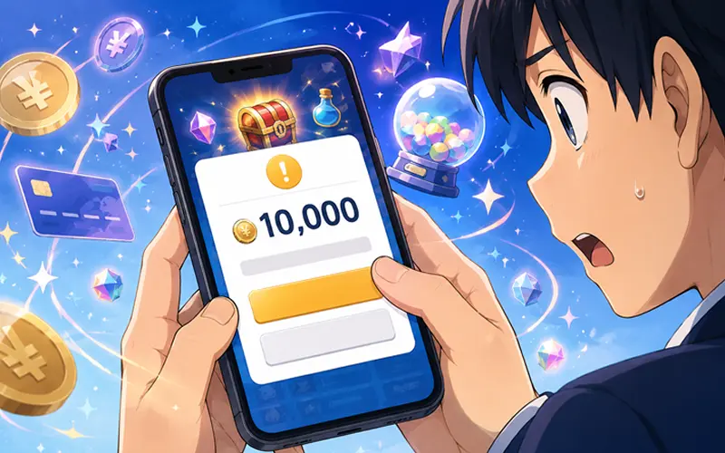スマホで課金しようとして驚く中学生のイラスト