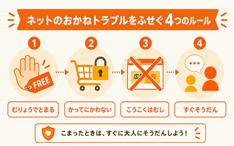 ネットのお金トラブルからじぶんを守る4つのルールの図解。無料で止まる・かってに買わない・広告はむし・すぐそうだんの4つのアイコン