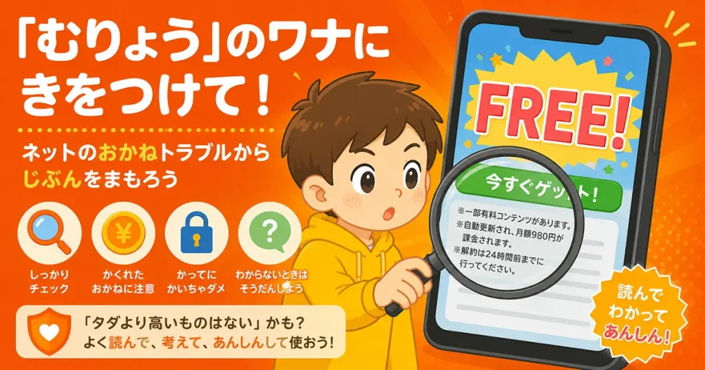 スマホ画面に「むりょう！」と書かれたバナーが出ていて、虫めがねで小さい文字を調べている小学生のイラスト