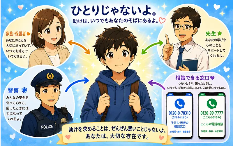 様々な相談窓口に相談する中学生のイラスト