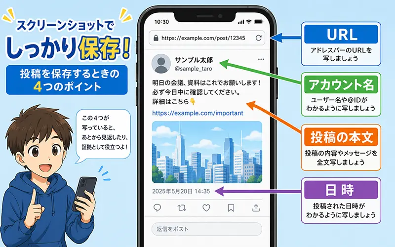 正しいスクリーンショットの撮り方を示すイラスト