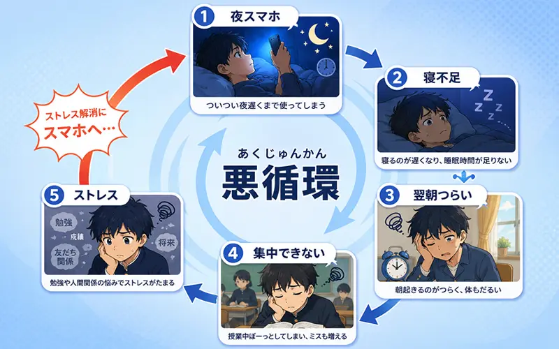 夜スマホによる悪循環の図(夜スマホ→寝不足→翌朝つらい→集中できない→ストレス→また夜スマホ)