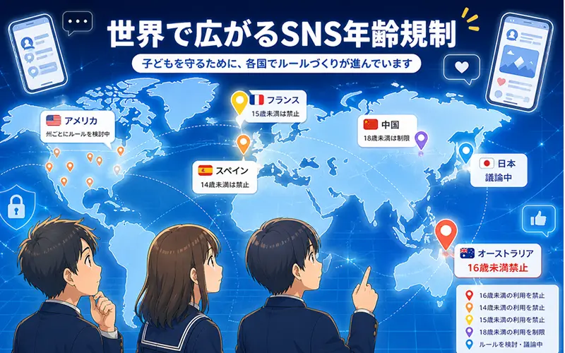 世界各国のSNS年齢規制の動きを示した地図イメージ