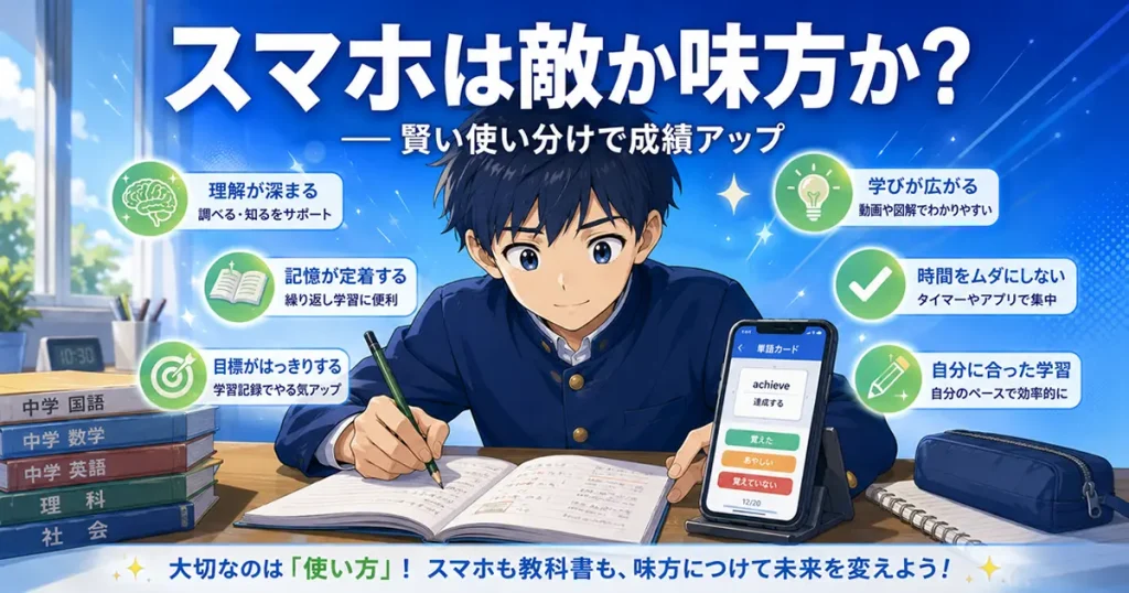 教科書とスマホを上手に使い分けて勉強する中学生のイラスト