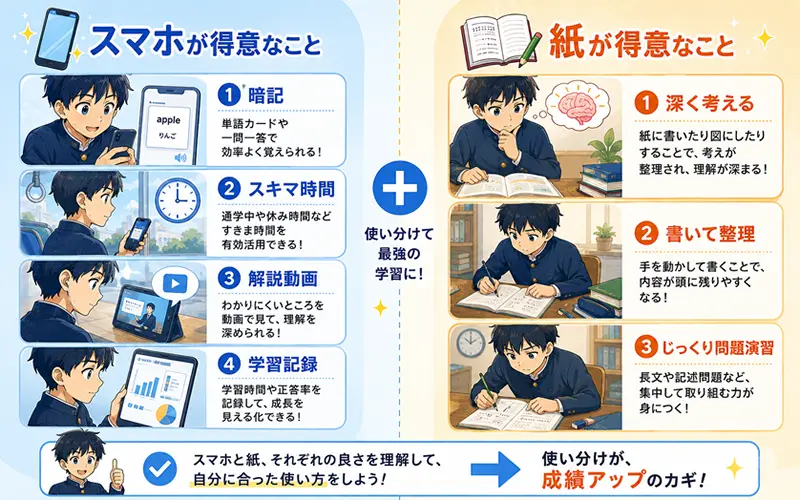 スマホで暗記・紙で深く考える、勉強シーン別の使い分けの図