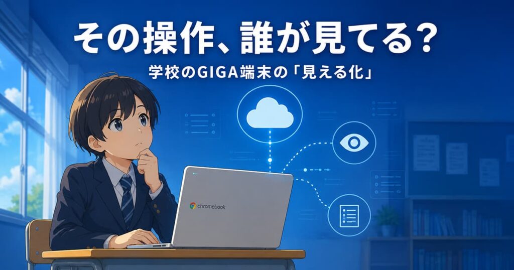 Chromebookを使う中学生と、画面の上空に浮かぶクラウドの目のイメージ｜学校GIGA端末の見える化