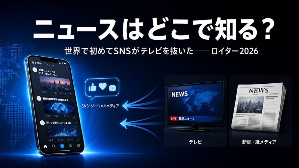 ニュースの入手先がSNS・動画・AIへ移る変化を示すイメージ